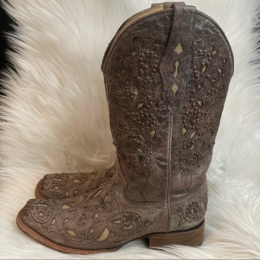 Corral Brown Leather Western Cutout & Stud Ankle Boots - Picture 2 of 6